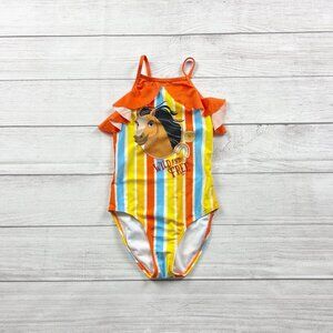 DreamWorks Spirit Riding Free Girls One Piece Swimsuit Rainbow Stripe Ruffle S